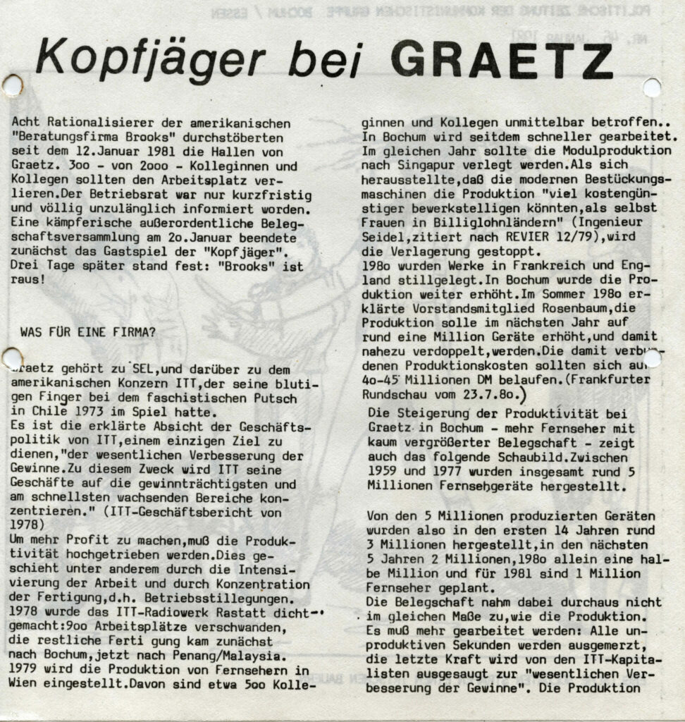 Bochumer Arbeiterzeitung BAZ 46 vom Januar 1981. Es soll rationalisiert werden. Die amerikanische Firma Brooks soll Abläufe untersuchen und sagen, wo gespart werden kann.