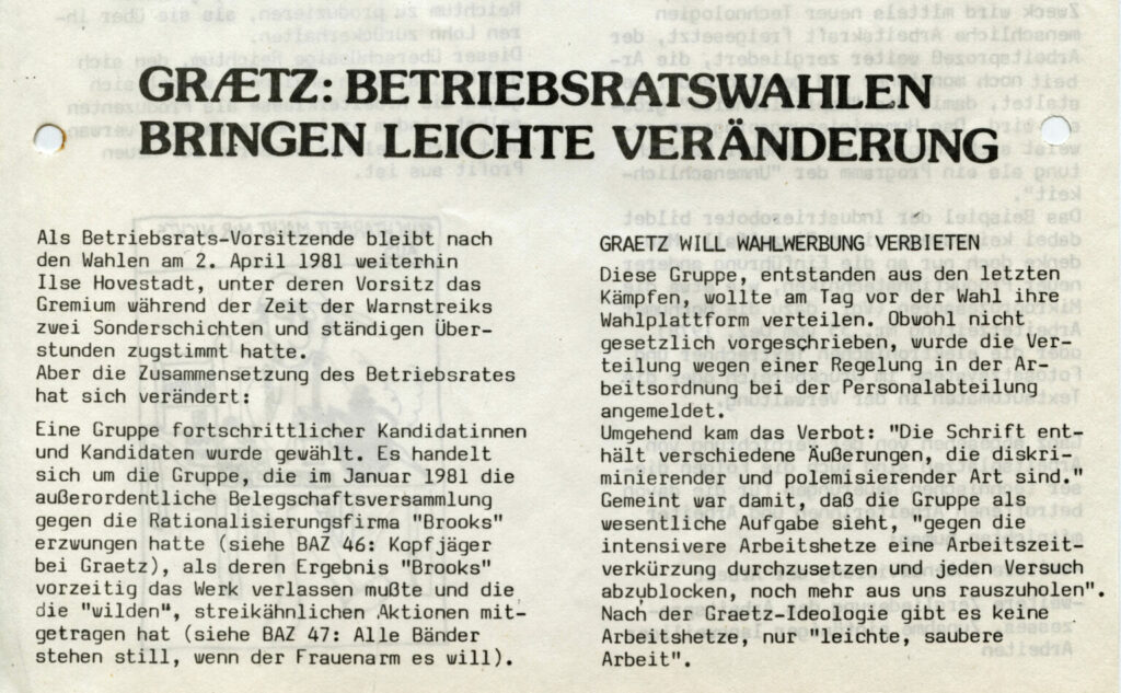 Bochumer Arbeiterzeitung BAZ vom Mai 1981 zur Betriebsratswahl. Ein Drittel der Mitglieder des Betriebsrats steht nach der Wahl der Opposition in der IG-Metall nahe, sie sind von uns.