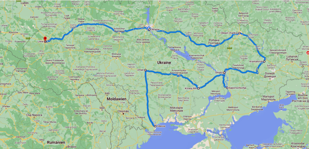 Reiseroute durch die Ukraine, eine Strecke parallel zur Front im Osten.
